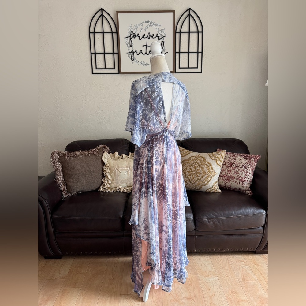 FOXIEDOX Purple Tie Dye Maxi Asymmetrical Dress Flowing Cap Sleeves Size S Boho - Picture 3 of 12